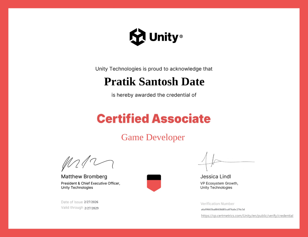 Unity Certified Associate Game Developer Certificate